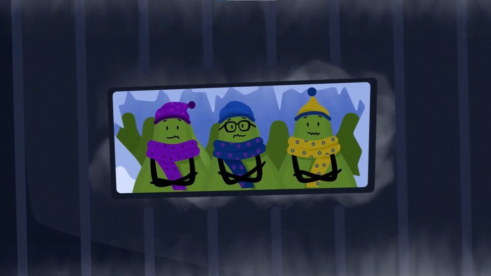 Ilustrácia z animovaného edukačného videa s tromi avokádami v zimnom oblečení v podpalubí lode, cencúľmi a námrazou,